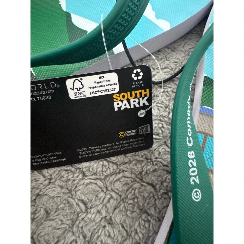 South Park Mens Graphic Flip Flops Green Stan Kyle Cartman Kenny Sandals NEW